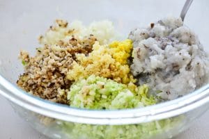 Chopped shrimp dumpling ingredients in a bowl