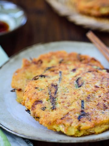 Korean mung bean pancake served with a dipping sauce