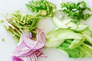 sliced vegetables for spicy squid salad