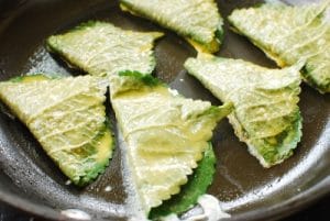 Pan-frying stuffed perilla leaf