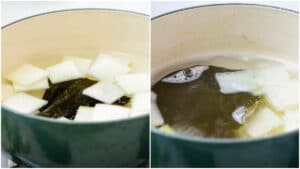 Making broth with Korean radish and dried kelp